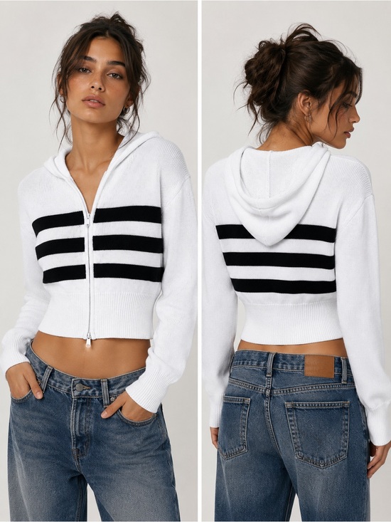 Garage Tops - Garage Women’s White Stripped Knit Hoodie Sweater Medium Cropped Casual Preppy